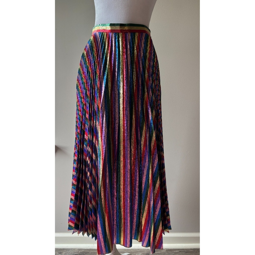 Gucci Rainbow Striped Lamé Pleated Silk Midi Skirt‎ Size Italy 38